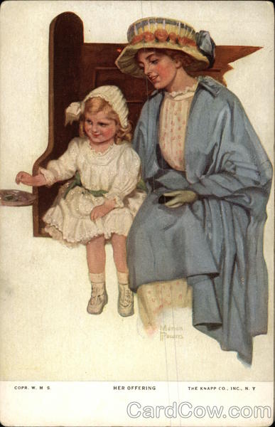 Her Offering - Woman and Small Girl in Church Religious