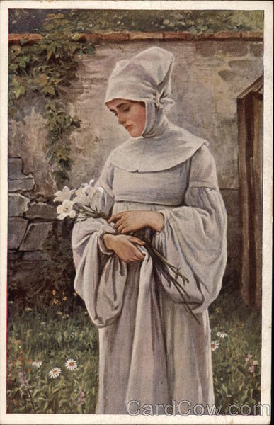 Woman in Gray holding White Lilies Women