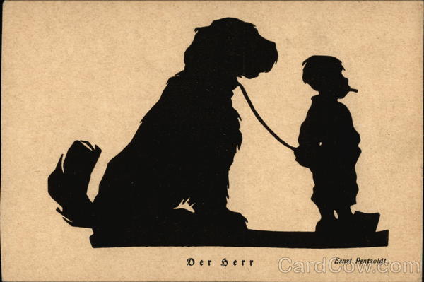 Silhouette of Boy with Large Dog on a Leash Ernst Pentzoldt