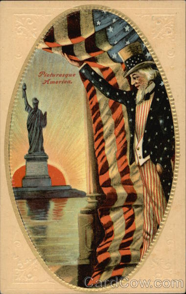 Picturesque America - Uncle Sam, American Flag, Statue of Liberty