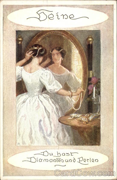 Woman in White Gown & Pearls Gazing into Mirror Women