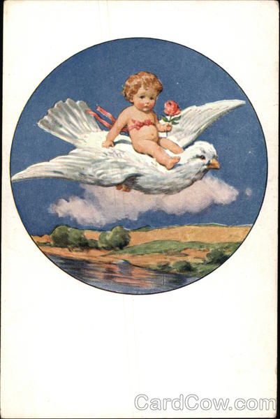 Baby holding Pink Rose riding White Bird Babies