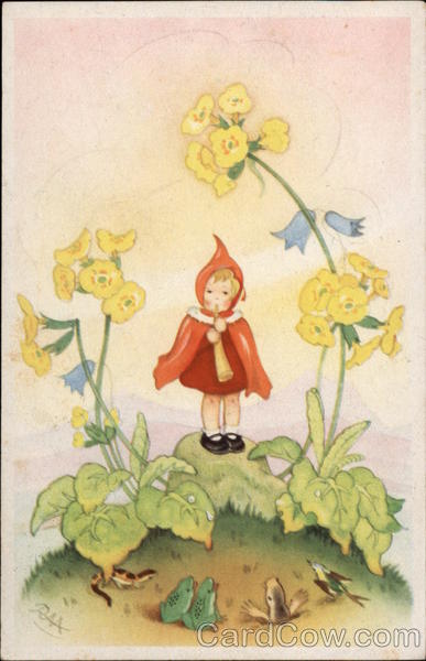 Red Caped Girl standing among Yellow Flowers and Garden Creatures