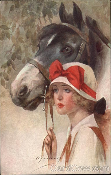 Woman in Hat with Red Bow holding Horse Reins Women