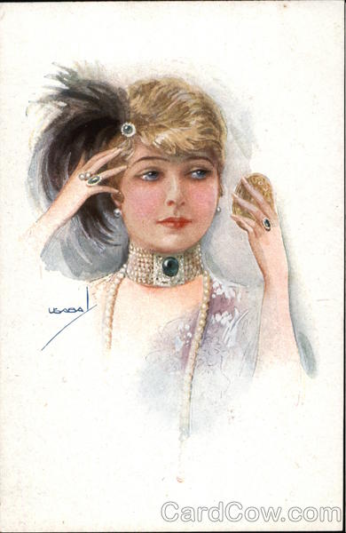 Jewelled Woman Gazing in Hand Mirror Women