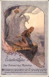 Woman on Cliff with Death Holding a Crown Postcard
