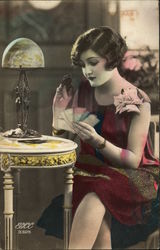 Woman in Colorful Dress with Corsage Playing Cards Postcard