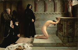 "Renunciation" - Nude Woman Kneeling at Altar with Nuns & Friars Looking On Postcard