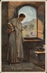 "Once Upon a Time" - Friar Gazing out Window at Couple Walking Postcard