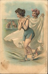 Women on the Beach in Vintage Swimwear Postcard