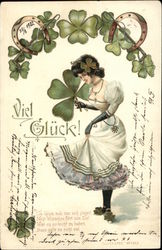 Good Luck Girl with 4-Leaf Clover & Horseshoes Postcard