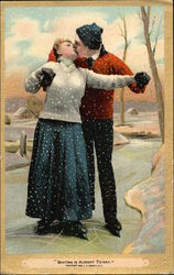 Two Ice Skaters Kissing Postcard