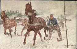 Men Snow Skiing behind Horses Men Snow Skiing behind Horses