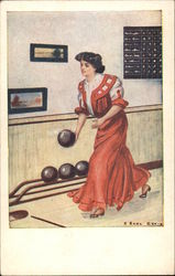 Woman in Long Red Gown Bowling Postcard Postcard