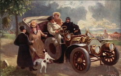 Men and Women with Vintage Automobile Postcard