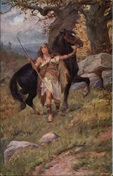 Warrior Woman Settling Black Horse Postcard