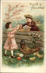 Boy & Girl Standing at Fence with Easter Eggs and Chickens Postcard