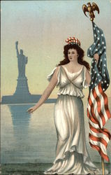 Woman dressed as Lady Liberty in front of the Statue of Liberty Postcard