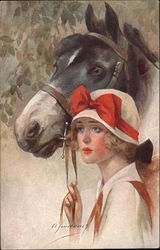 Woman in Hat with Red Bow holding Horse Reins Postcard