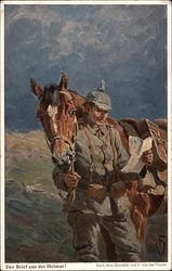 Soldier Reading a Letter while Standing with His Horse Postcard