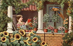 Woman Reading in Flower Garden Beside Parrot on Perch Postcard