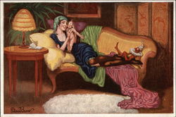 Young woman with baby and doll on couch Postcard