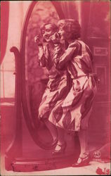 Young Woman Looking in Mirror while Applying Make-up Postcard