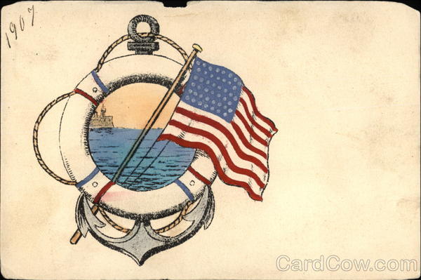 Life-Ring, Anchor, American Flag, and View of the Ocean