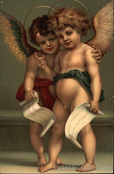 Two Angels with Halos & Scrolls