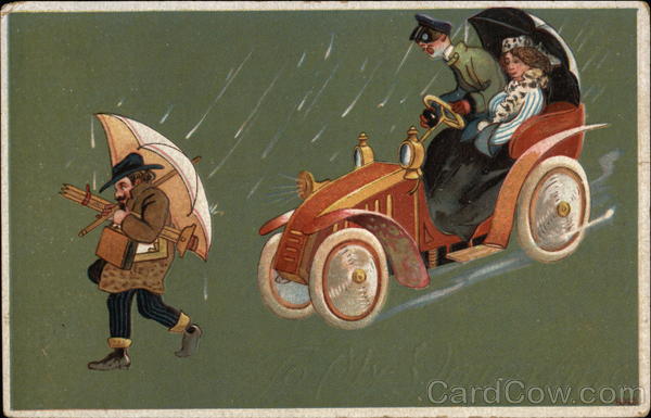 Couple Driving Automobile in the Rain behind Man with Umbrella