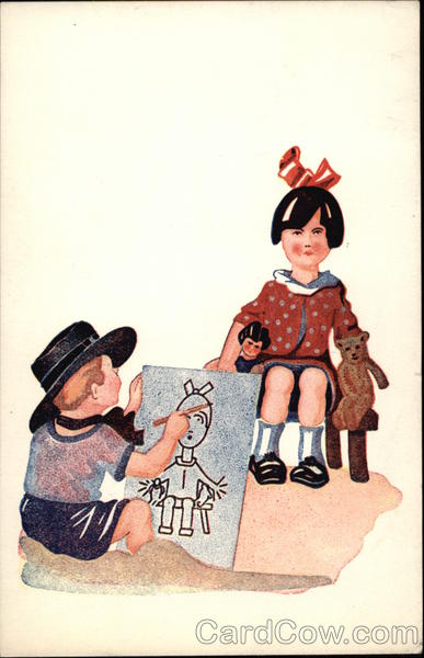 Little Boy Making A Drawing Of A Little Girl Art