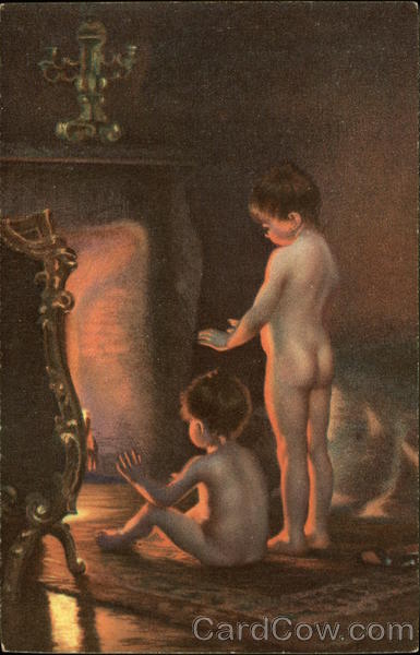 After Bathing - Two Nude Children by the Fire Risque & Nude