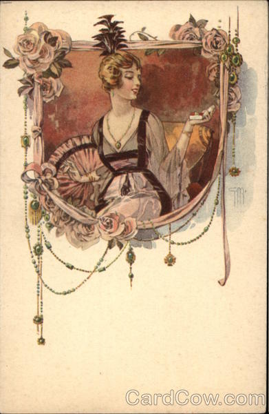 Woman Wearing Plumes in Hair Surrounded by Pink Flowers