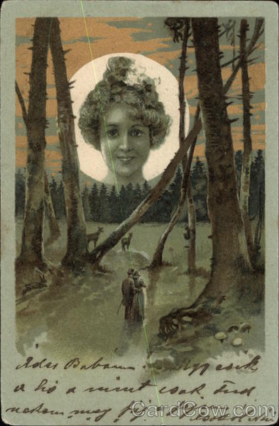 Woman in the Moon above Couple Embracing in the Forest