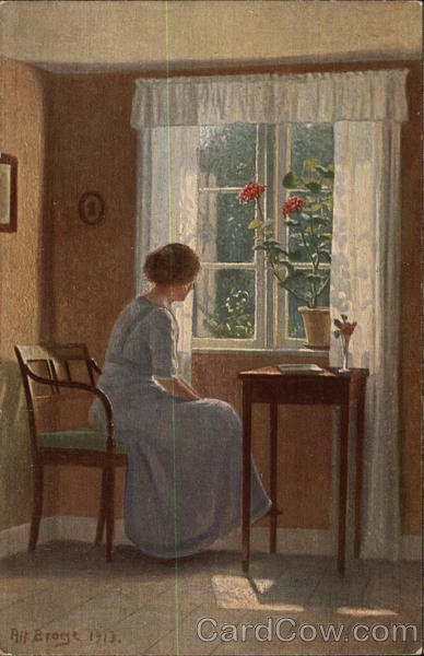 Woman in Blue sitting at Dest by the Window Women