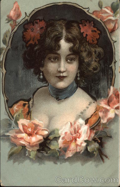 Portrait of Buxom Brunette Woman with Coral Flowers in her Hair