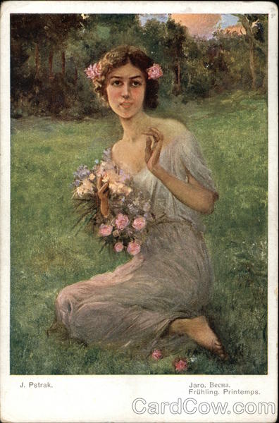 Young Woman Sitting in Meadow with Flowers in Arms and Hair
