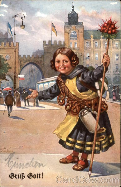 Woman in Munich with pretzels, beer and radish Women