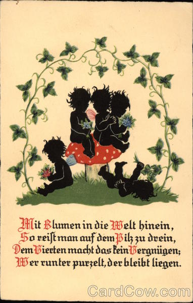 Silhouette of Children on a Mushroom and in the Grass