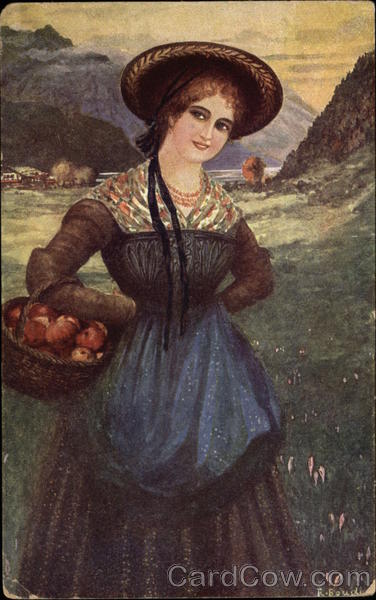 Woman of Salzburg - Wearing Hat & Carrying Basket of Apples