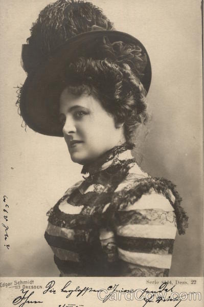 Photograph of Woman in Plumed Hat and Lace Trimmed Dress