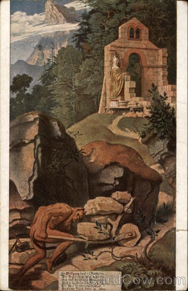 Demon pushing a wheelbarrow towards praying man Devils