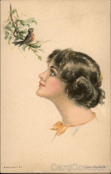 Profile of Woman watching a Bird Sitting on a Branch