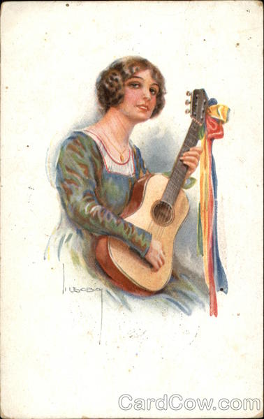 Portrait of Woman Playing Guitar Adorned with Ribbons