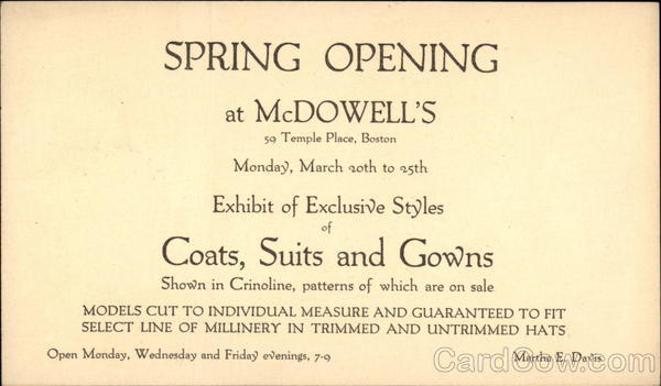 Spring Opening at McDowell's, 59 Temple Place, Boston