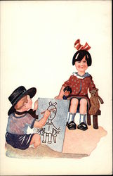 Little Boy Making A Drawing Of A Little Girl Postcard