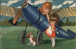 Blue Airplane with Couple and Puppy Postcard