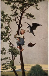 Little Boy Climbing a Tree While Crow Pecks his Head and Makes him Cry Comic, Funny Postcard Postcard