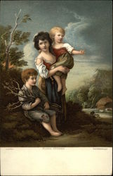 "Rustic Children" Gathering Wood Postcard