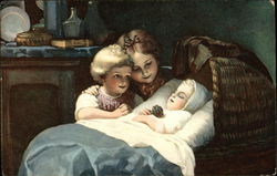 Children Admiring Baby Sleeping in a Cradle Postcard